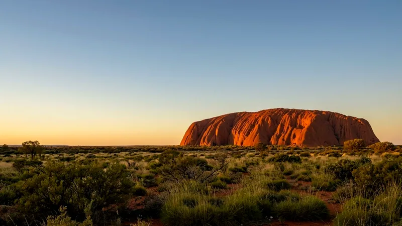 Uluru glowing orange at sunset beyond green spinifex under a clear golden sky.