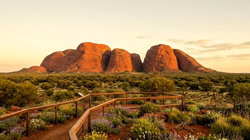 Kata Tjuta's red domes at sunrise above green desert scrubland.