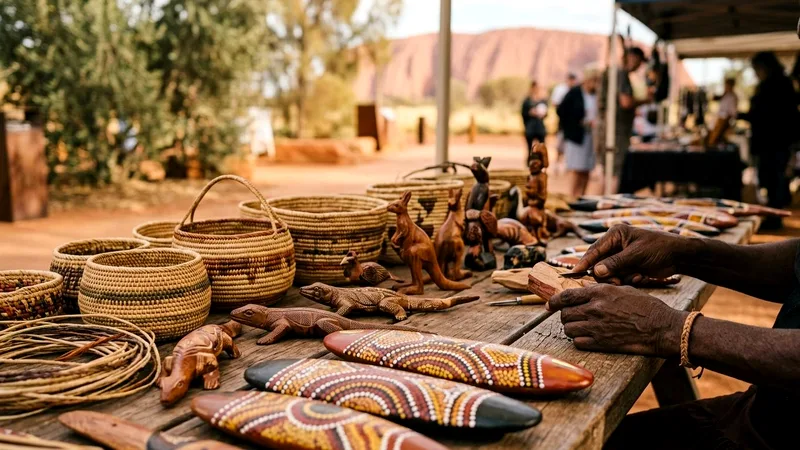 Market table with woven baskets, carved wooden animals and painted coolamons.